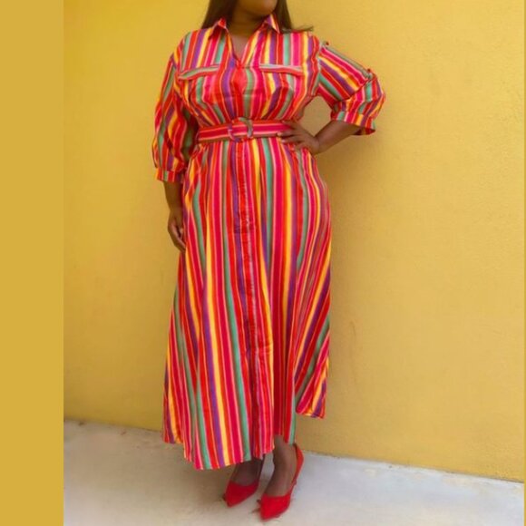 Fashion Space Stripes Multi Color Belted Button Front Maxi 1X NWT - Picture 2 of 3